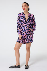 Pink with Blue and Black Shadow Leopard Collarless Shirt