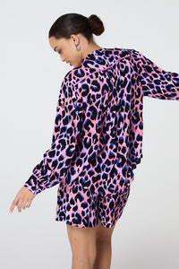 Pink with Blue and Black Shadow Leopard Collarless Shirt