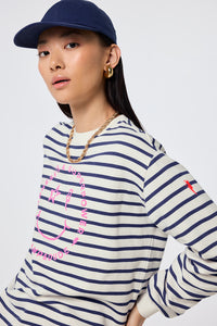 Ivory with Blue Stripe and Smiley Face Oversized Sweatshirt