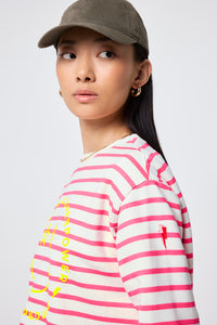 Ivory with Neon Pink Stripe and Smiley Face Oversized Sweatshirt