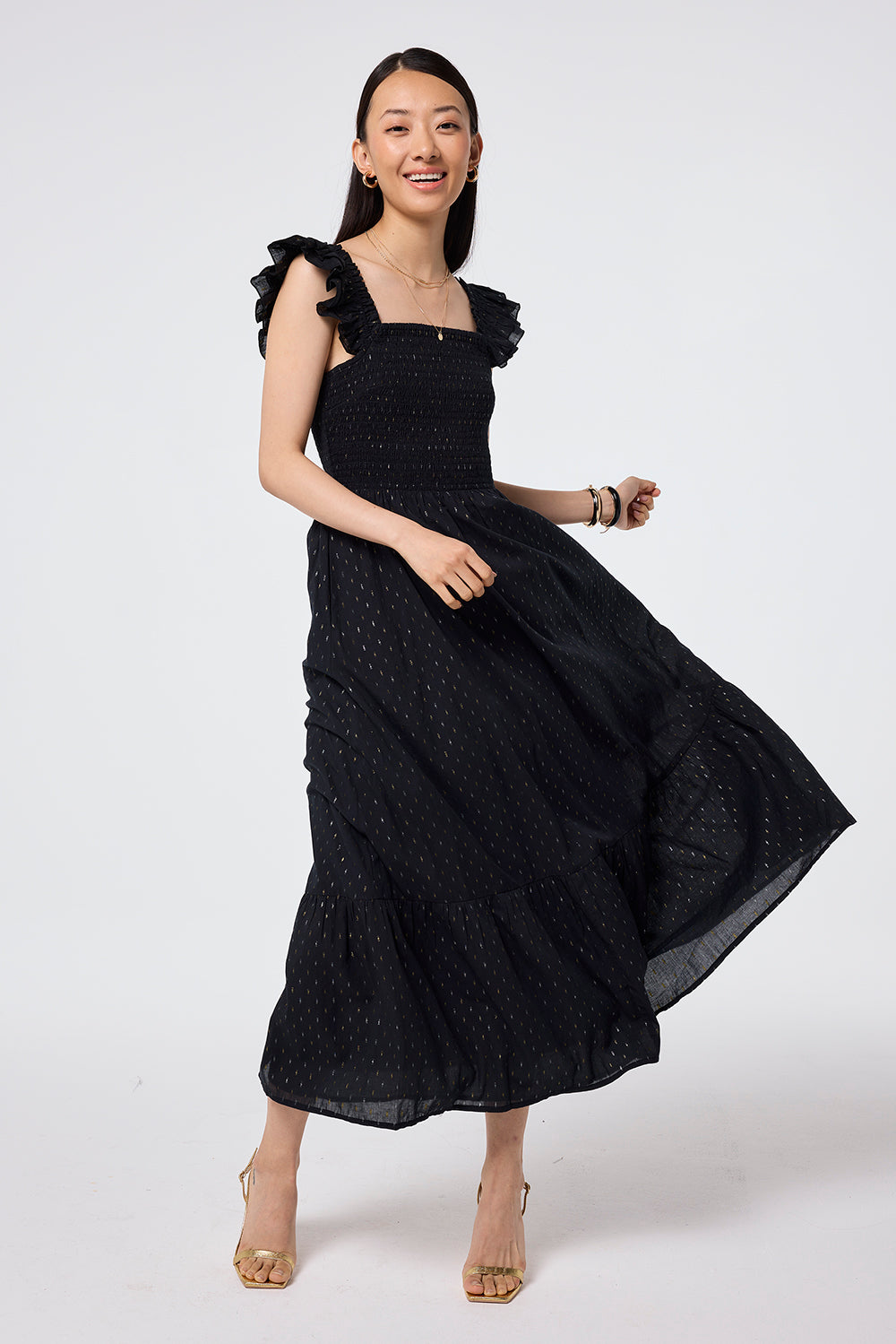 Black with Gold and Silver Lurex Spot Maxi Sundress