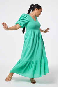 Mint Green Dobby Self Stripe Shirred Puff Sleeve Maxi Dress