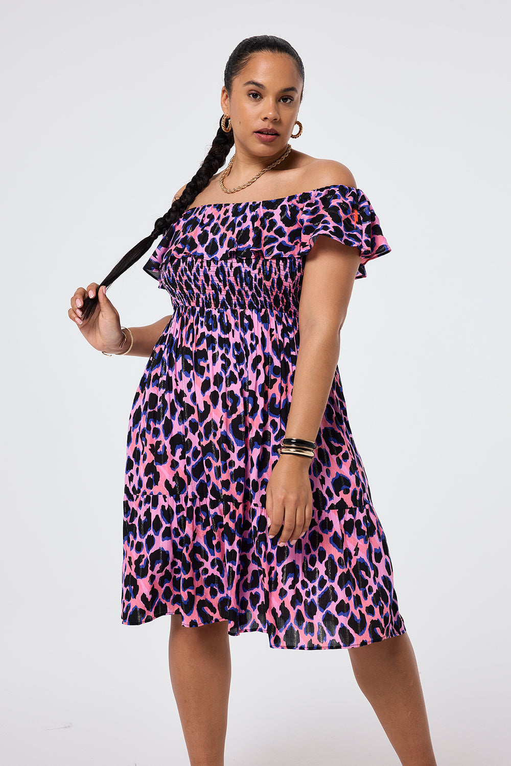 Pink with Blue Black Lurex Shadow Leopard Short Bardot Dress