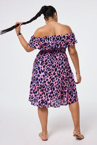 COMING SOON: Pink with Blue & Black Lurex Shadow Leopard Short Bardot Dress