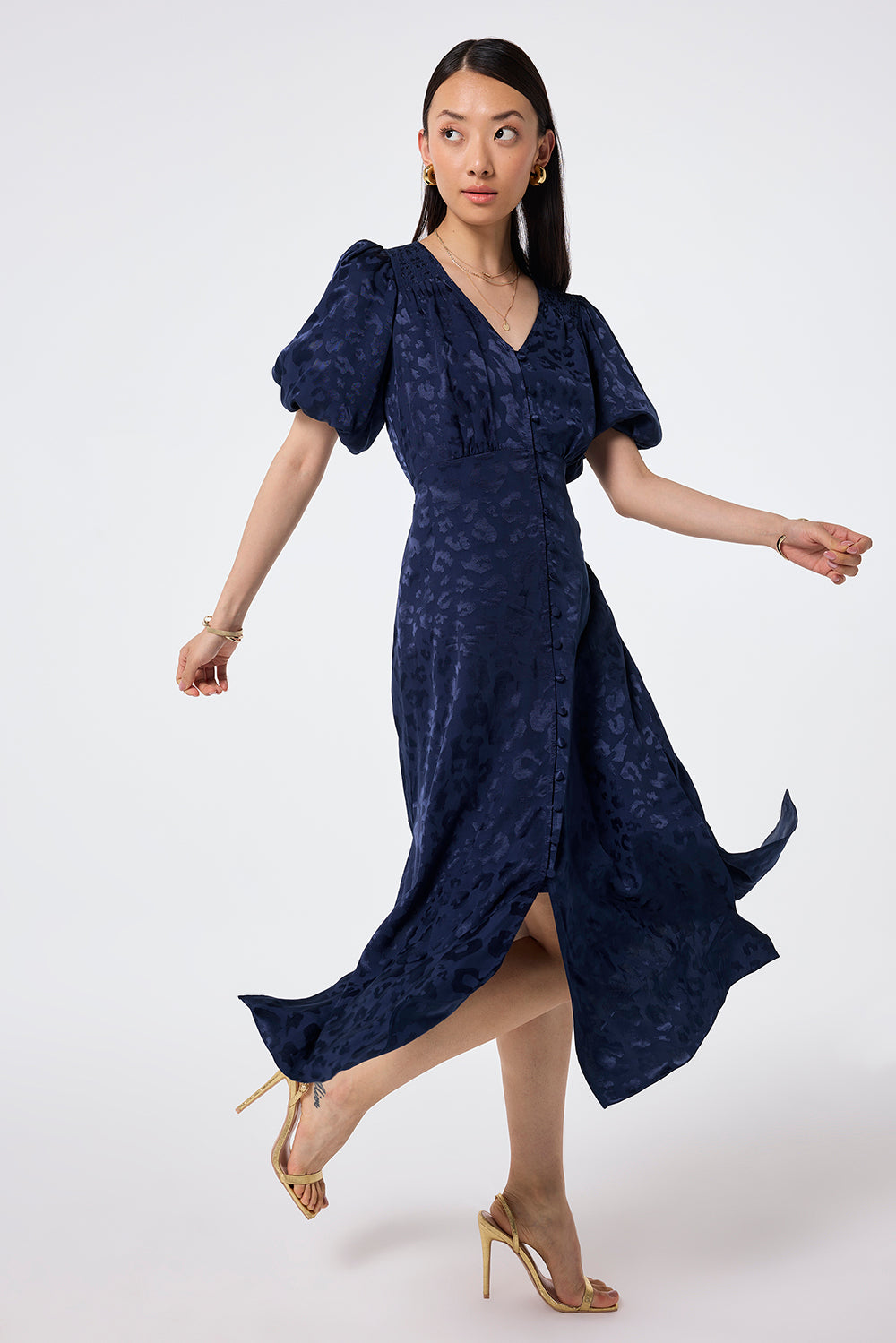 Navy Jacquard Leopard Puff Sleeve Midi Tea Dress Scamp Dude