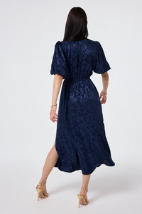 Navy Jacquard Leopard Puff Sleeve Midi Tea Dress