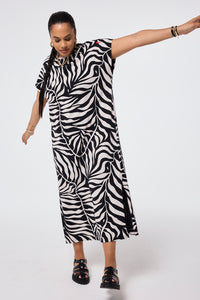 Black with Cream Palm Midi T-Shirt Dress