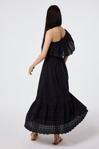 Black One Shoulder Broderie Tiered Midi Dress