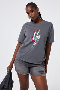 COMING SOON: Grey with Multi Coloured Sequin and Foil Lightning Bolt T-Shirt