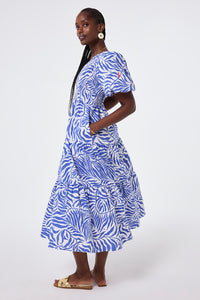 White with Blue Palm Shirred Puff Sleeve Maxi Dress