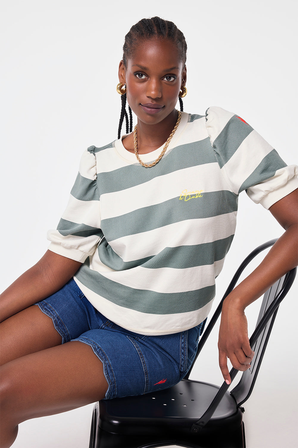 Cream with Khaki Stripe Short Puff Sleeve T Shirt