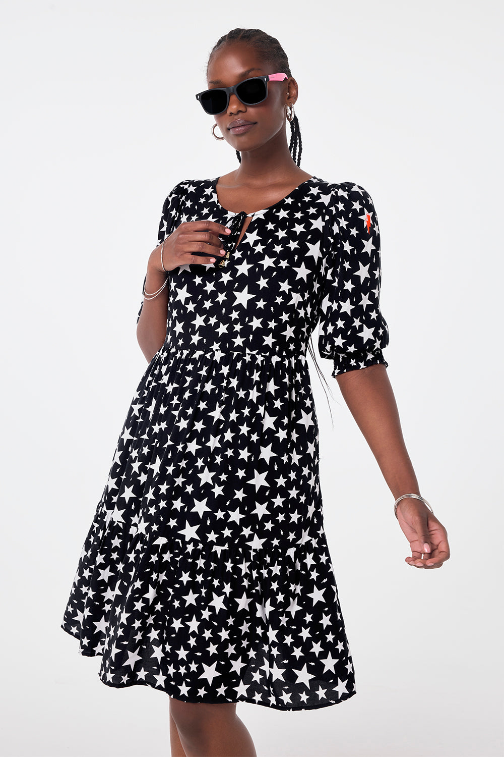 Black with White Star Tie Front Short Dress Scamp & Dude