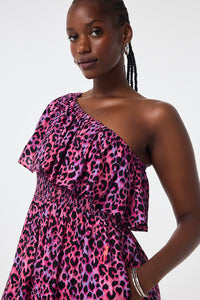 Pink With Lilac And Black Layered Leopard One Shoulder Tiered Textured Midi Dress
