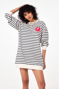 Ivory with Navy Stripe Placement Bolt Graphic Oversized Tunic