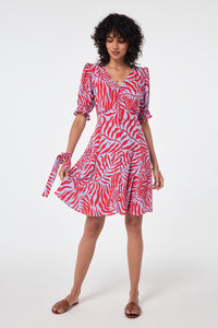 Blue with Red Palm Short Tea Dress