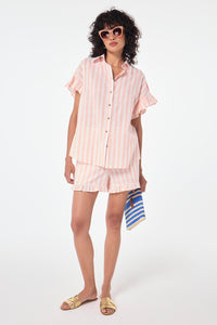 Coral and White Stripe Frill Hem Shorts