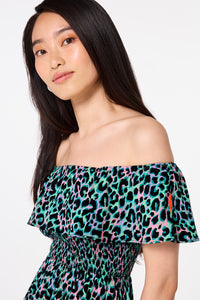Green with Pink and Black Leopard Short Bardot Dress