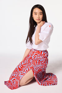 Blue with Red Palm Split Front Skirt