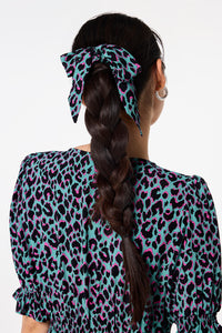 Khaki with Pink and Black Small Shadow Leopard Bow Scrunchie