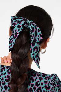 Khaki with Pink and Black Small Shadow Leopard Bow Scrunchie