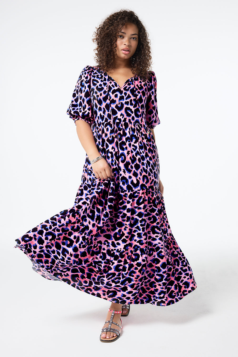 Pink with Blue and Black Shadow Leopard Tie Front Maxi Dress Scamp Dude