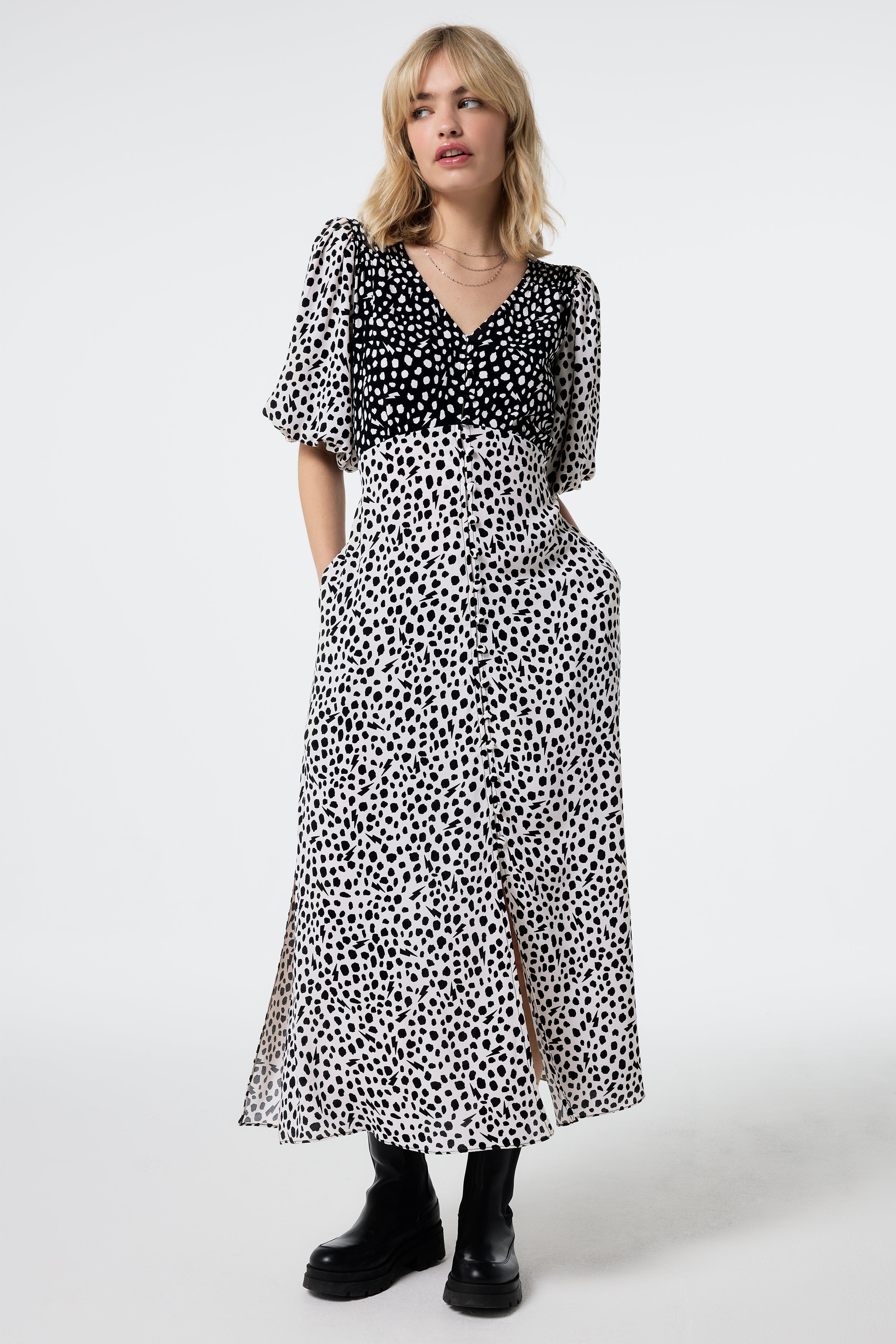 White with Black Mix Cheetah Puff Sleeve Midi Tea Dress Scamp & Dude