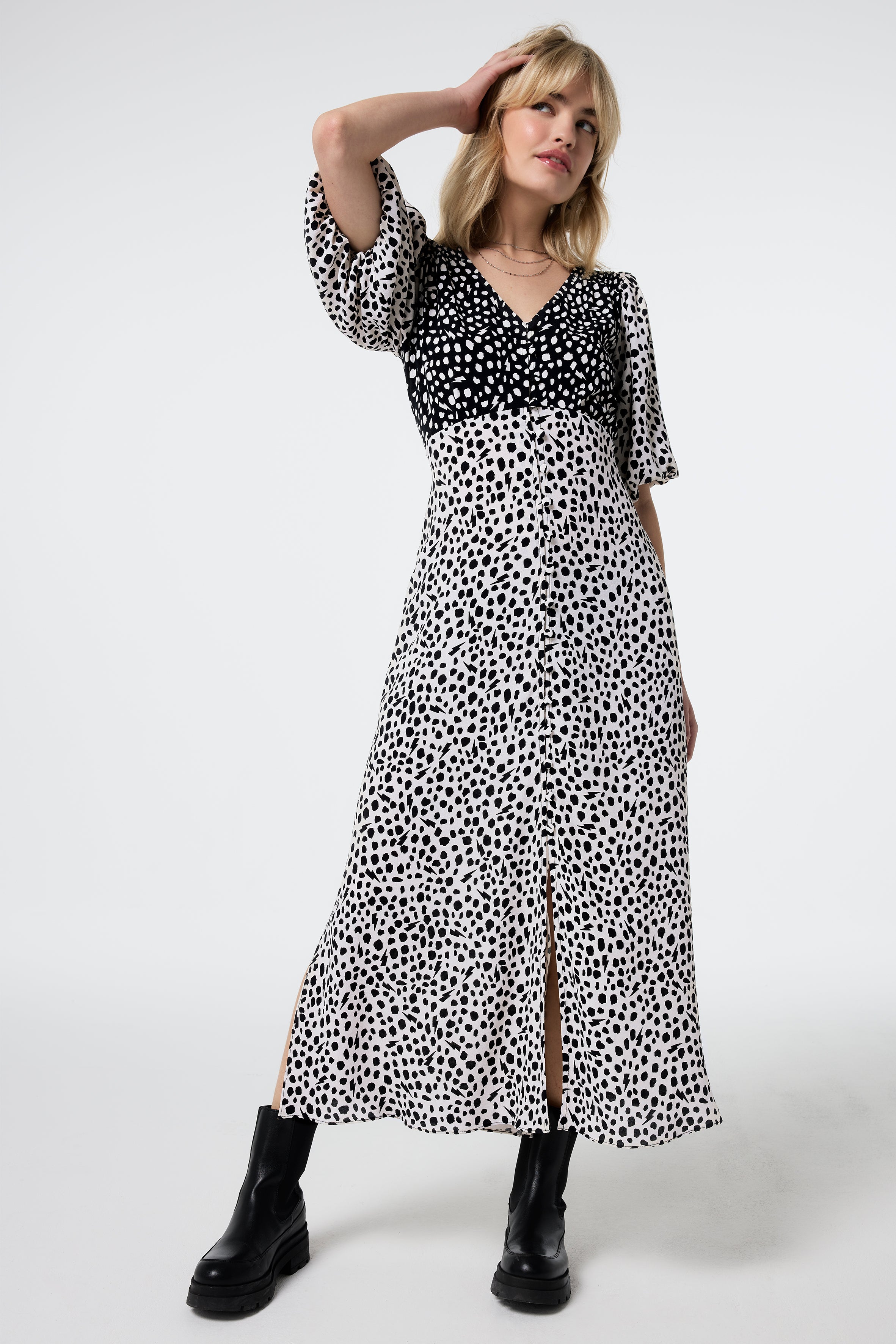 White with Black Mix Cheetah Puff Sleeve Midi Tea Dress Scamp Dude