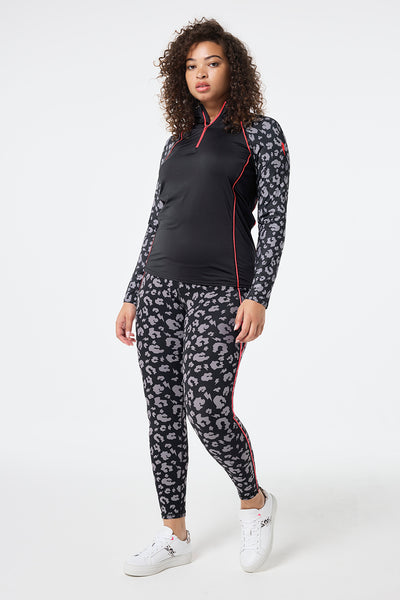 Scamp and Dude Black with Grey Leopard Full Length Active Leggings | Model wearing full length black active leggings featuring grey leopard print paired with a matching active top.