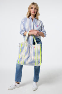 Blue and Ivory Stripe Zip Pocket Canvas Tote Bag