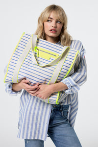 Blue and Ivory Stripe Zip Pocket Canvas Tote Bag