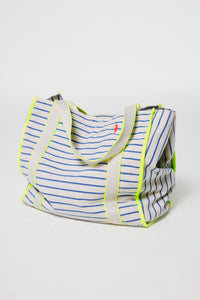 Blue and Ivory Stripe Zip Pocket Canvas Tote Bag