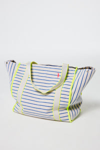 Blue and Ivory Stripe Zip Pocket Canvas Tote Bag