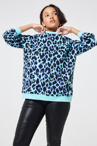 Turquoise with Black and Blue Shadow Leopard Oversized Sweatshirt