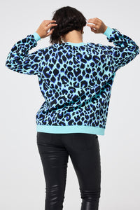 Turquoise with Black and Blue Shadow Leopard Oversized Sweatshirt