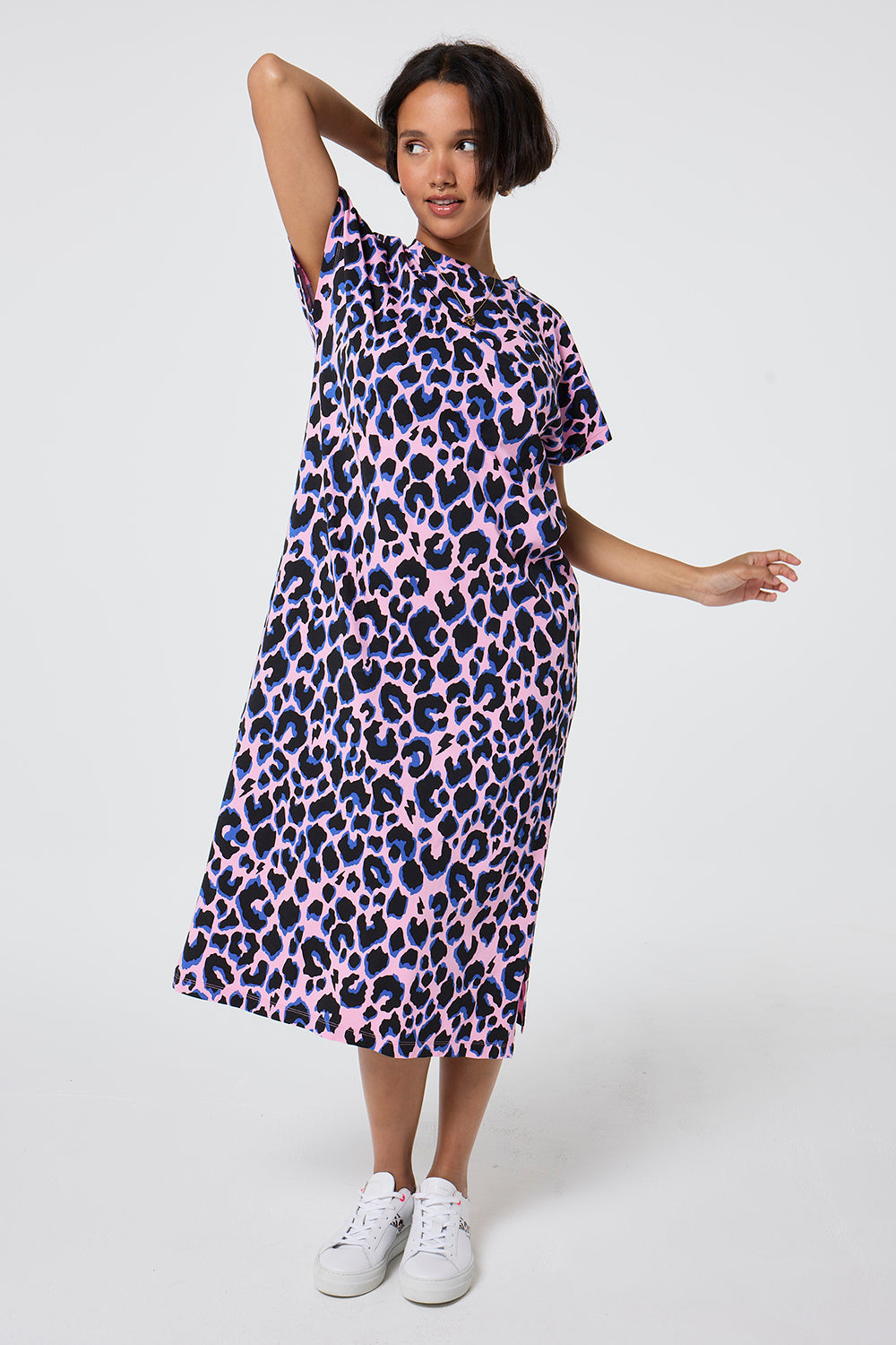 Pink with Blue and Black Shadow Leopard Midi T Shirt Dress