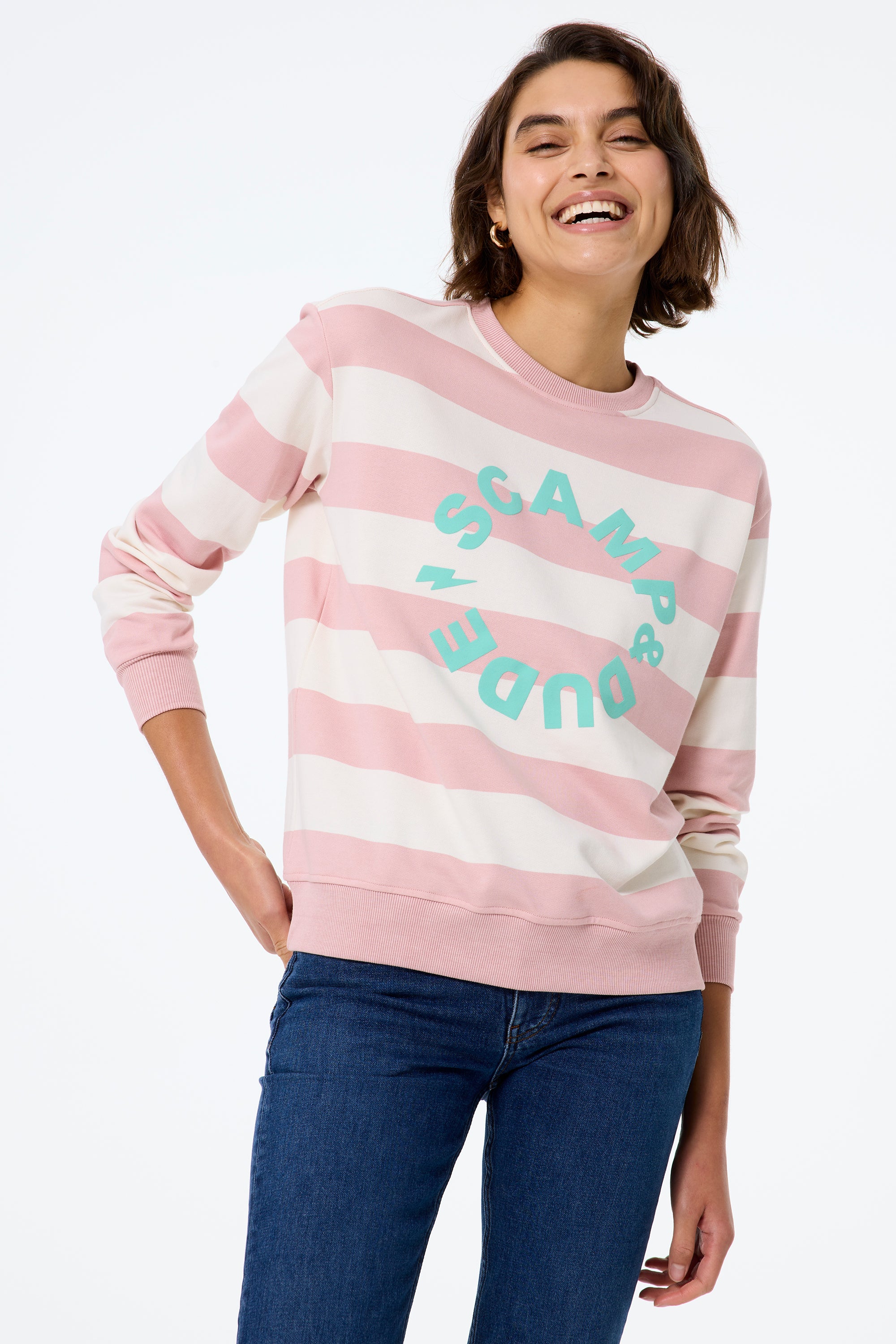 Pink with Cream Stripe and Logo Oversized Sweatshirt Scamp