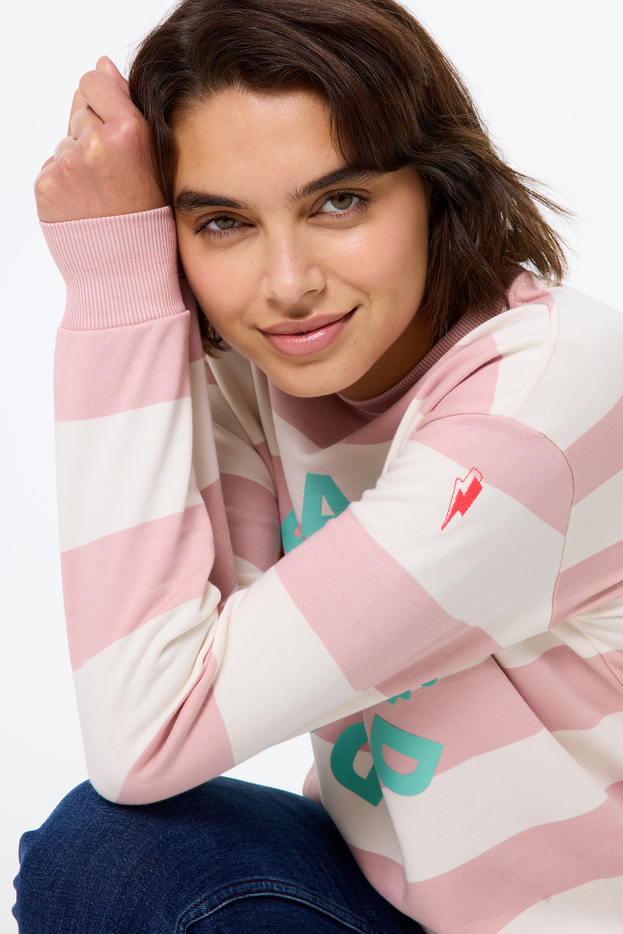 Pink with Cream Stripe and Logo Oversized Sweatshirt