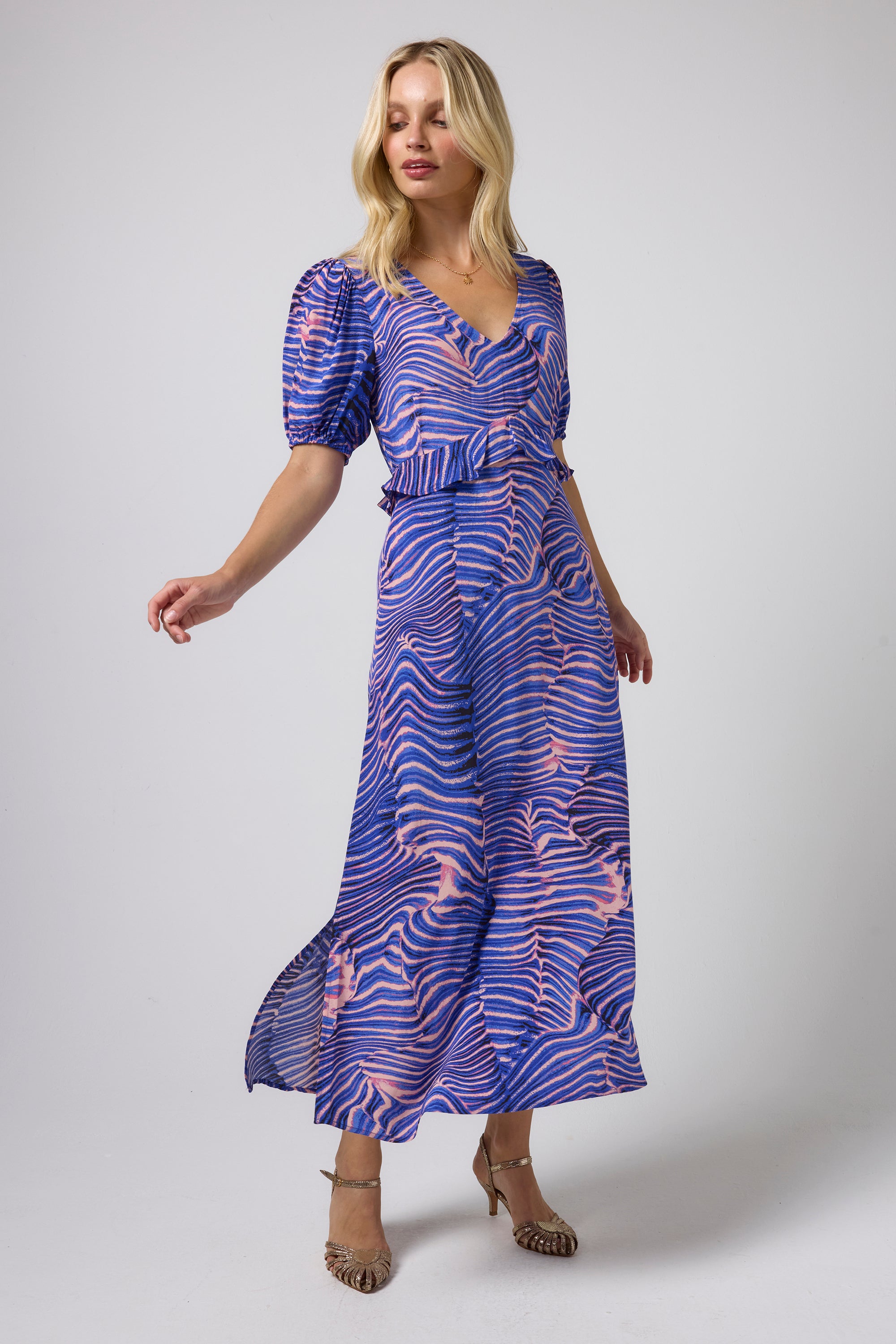 Scamp & Dude Blue Tiger Moth Ruffle Waist Midi Dress | Model wearing a blue and pink tiger moth patterned midi dress with puff sleeves and a ruffled waist.
