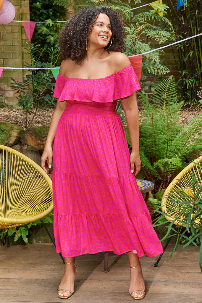 Magenta with Hot Pink Floral Leopard Bardot Midi Dress Scamp