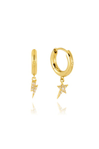 Gold Plated Huggie Hoops with Champagne Pavé Detailed Lightning Bolt & Star Charms