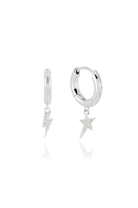 Silver Huggie Hoops with Champagne Pavé Detailed Lightning Bolt & Star Charms