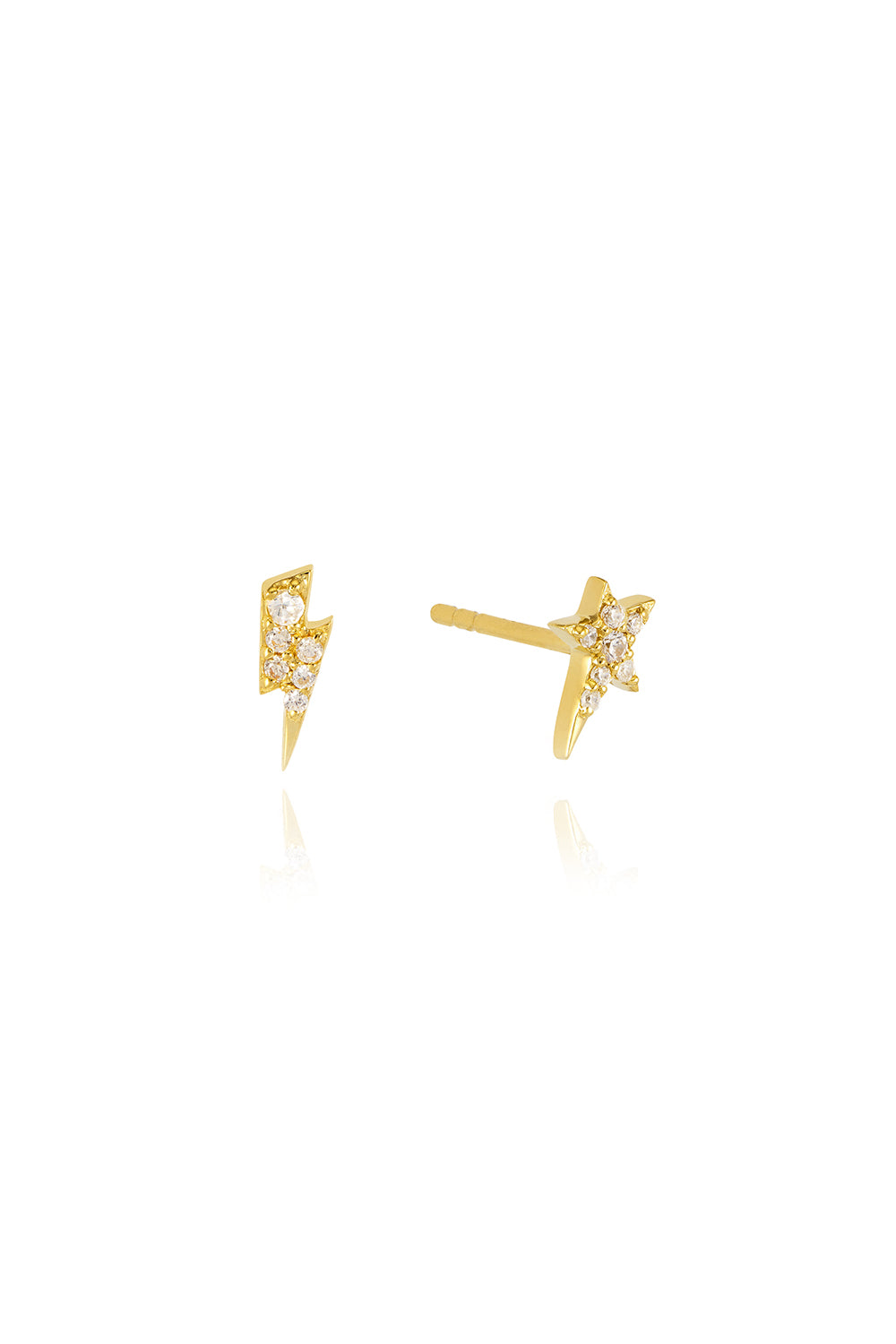 Gold Plated Lightning Bolt & Star Studs with Champagne Pavé Detailing ...