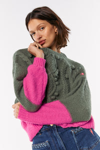 Khaki with Pink Cable Knit Jumper