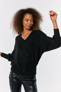 Black Sparkle V-Neck Knitted Jumper