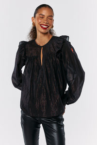 Black with Rainbow Lurex Frill Shoulder Blouse