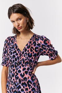 Pink with Blue and Black Shadow Leopard Button Through Midi Dress
