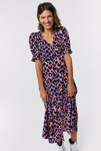 Pink with Blue and Black Shadow Leopard Flute Sleeve Midi Tea Dress