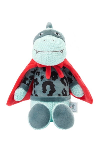 Scamp and Dude Super Dino "Dude" Charity Superhero Sleep Buddy | GIF of dinosaur soft toy wearing a superhero cape