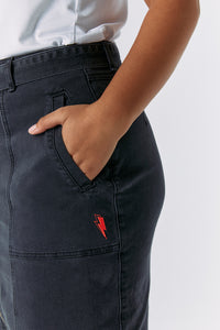 Washed Black Zip Detail Denim Midi Skirt