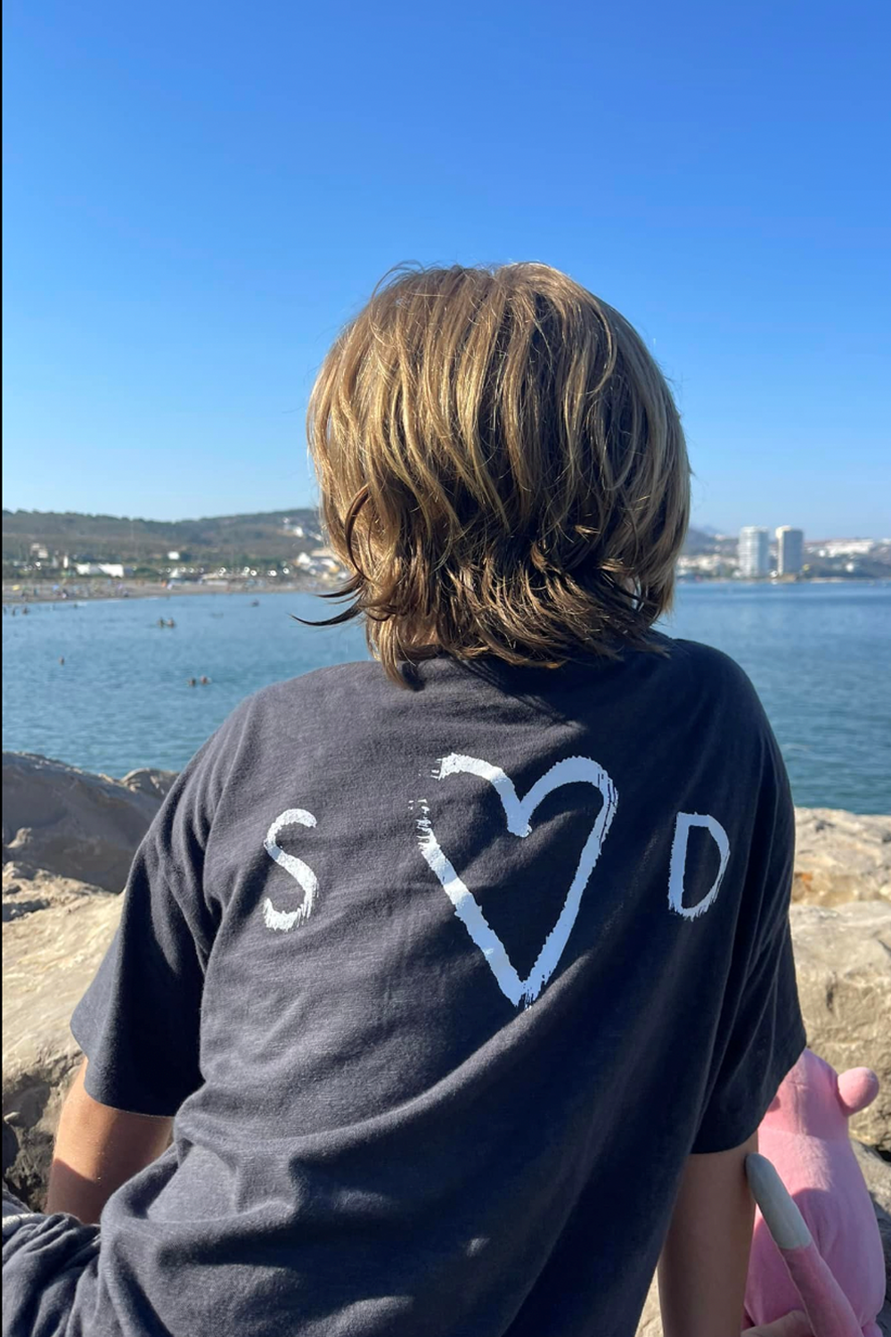 An S Heart D logo on the back of a slate grey T-shirt